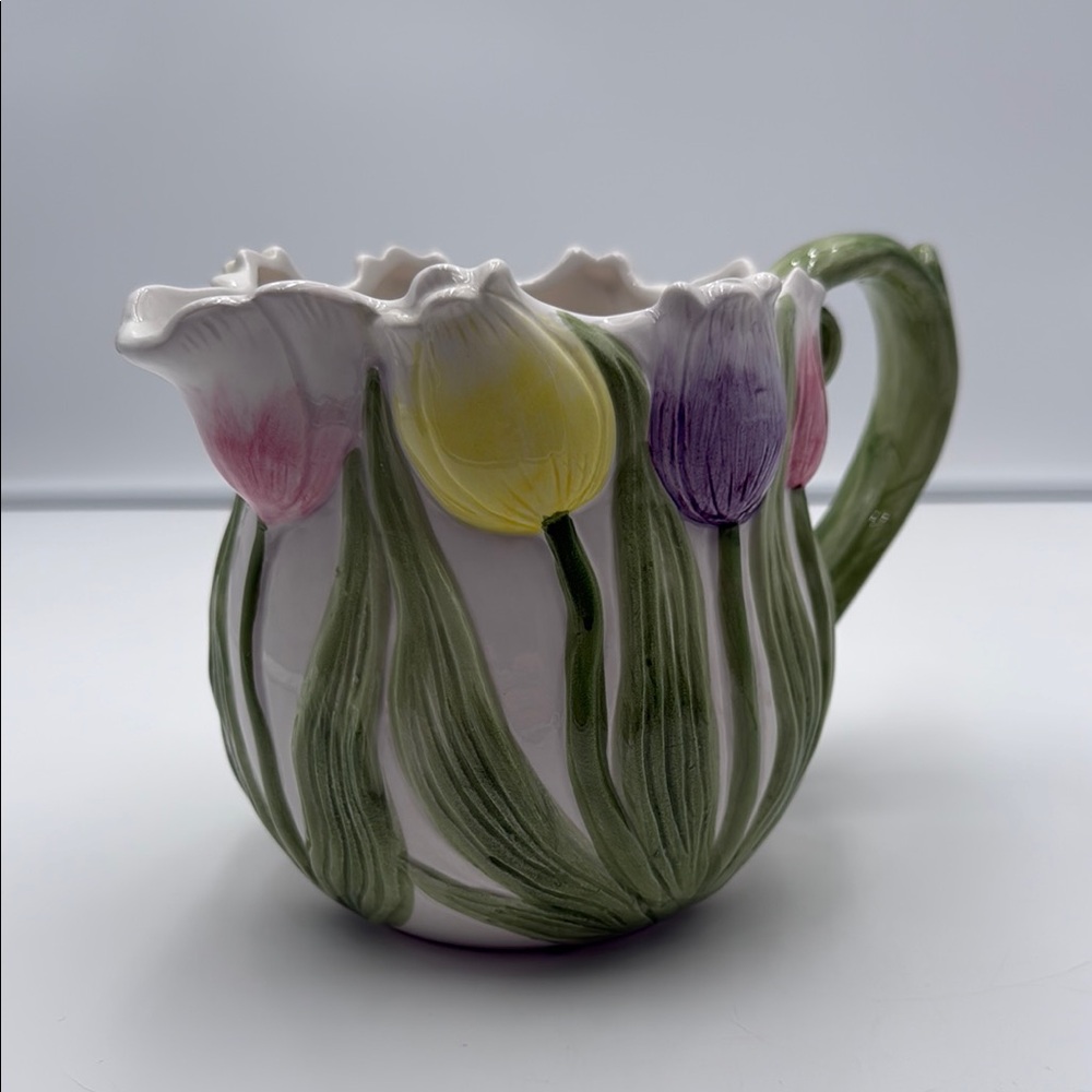 Floral Ceramic Vase with Multicolor Tulip Design - Picture 1 of 16